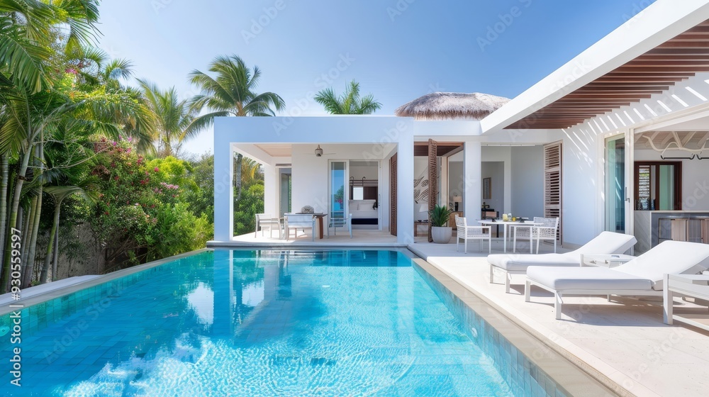 Fototapeta premium A large pool with a white house in the background