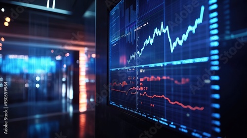 A digital screen displaying live stock market data and financial charts in a modern office setting