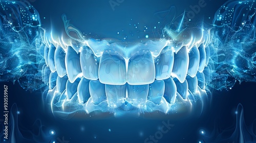 White jaw teeth blue dental illustration background wallpaper. Enamel whitening medical treatment, healthy oral mouth hygiene, toothpaste gums protection, bright implant