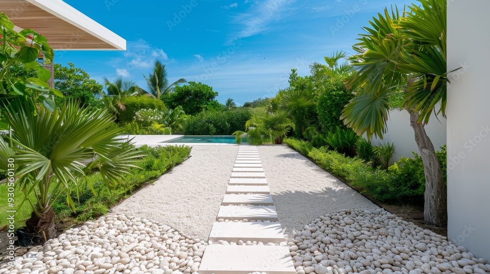 Fototapeta premium A large white house with a pool and a patio