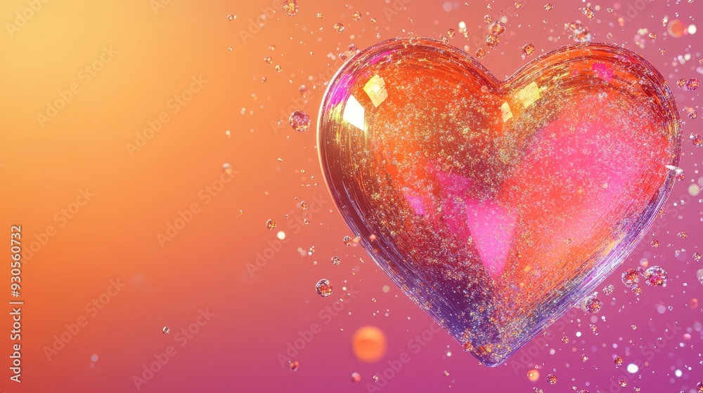 A vibrant heart-shaped object surrounded by bubbles on a colorful gradient background. A vibrant heart-shaped object surrounded by bubbles on a colorful gradient background.