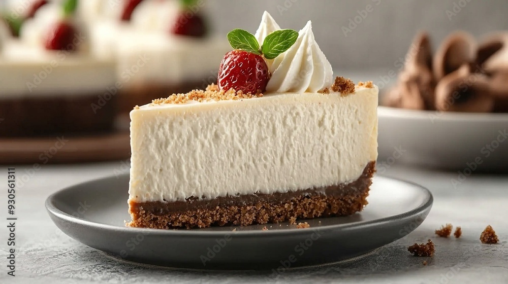 A plate with cheesecake, whipped cream, and a strawberry Dessert buffet in the background A plate with cheesecake, whipped cream, and a strawberry Dessert buffet in the background