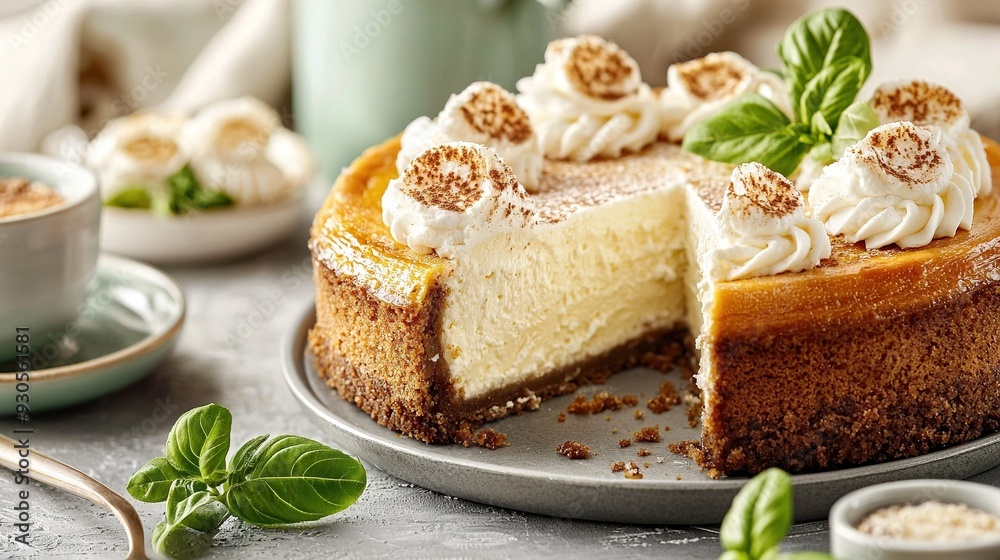 Cheesecake with slice removed, coffee in background Cheesecake with slice removed, coffee in background