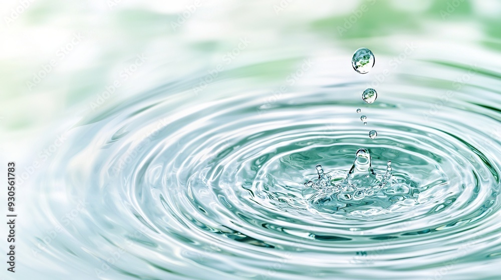 A close-up of a water drop in a pool, surrounded by lush green and white foliage A close-up of a water drop in a pool, surrounded by lush green and white foliage