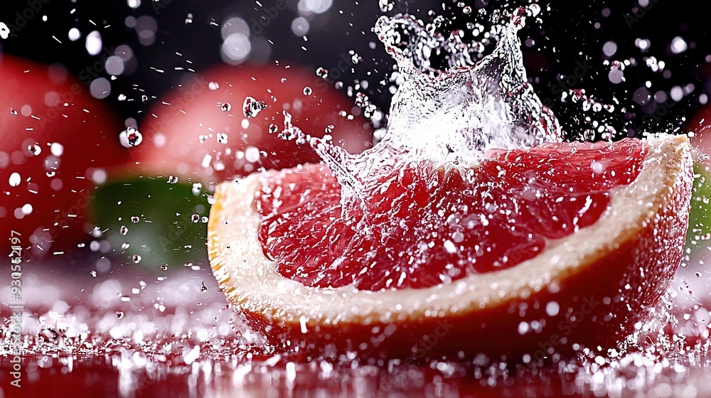 A grapefruit cut in half with water splashed on both halves A grapefruit cut in half with water splashed on both halves
