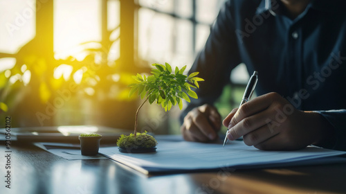 A businessman signs documents with a small tree on his desk, symbolizing the nurturing of sustainable practices alongside business growth