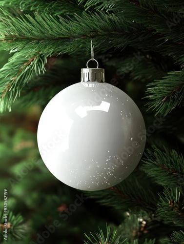 Christmas white glossy round bauble ornament on christmas tree background.