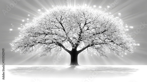 Radiant glowing tree with luminous branches in surreal fantasy landscape