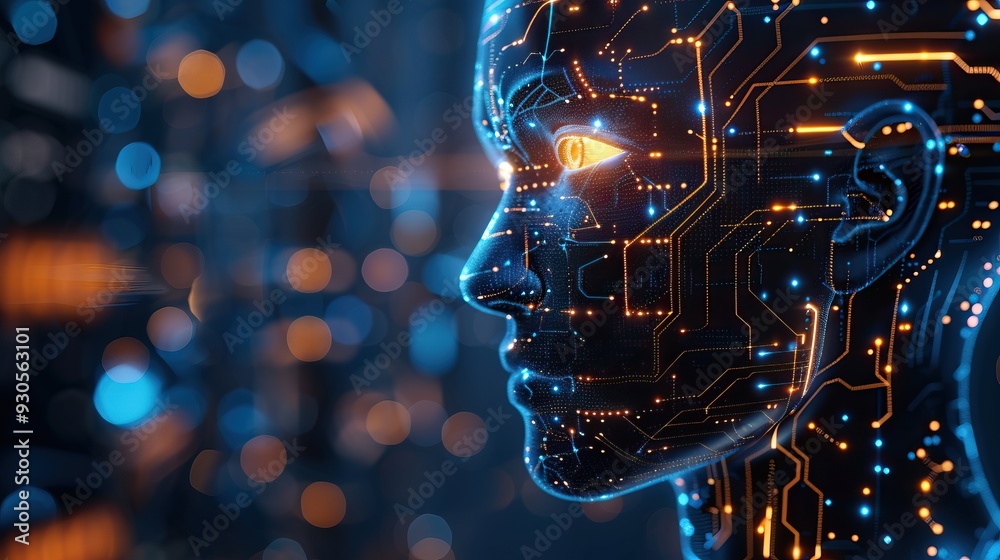 Futuristic AI concept featuring a digital human head integrated with circuits and glowing lights, representing artificial intelligence and advanced technology. Futuristic AI concept featuring a digital human head integrated with circuits and glowing lights, representing artificial intelligence and advanced technology.