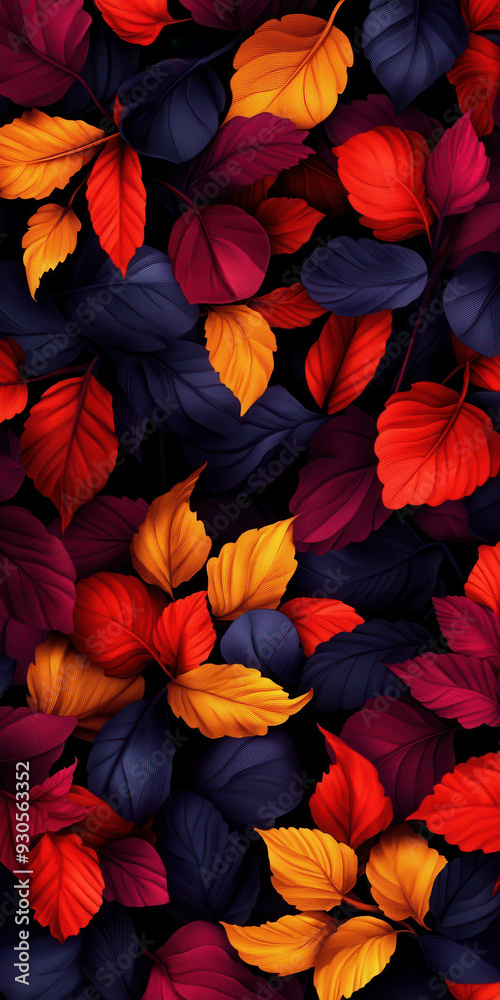 A vibrant collection of autumn leaves showcasing rich colors of red, orange, and purple against a dark background.