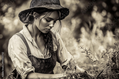 Vintage sepia-toned image of a woman working in a rural field, capturing the essence of traditional farming, hard work, and rustic country life with a nostalgic and antique feel. photo