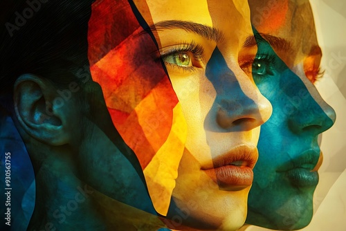 Abstract photo featuring detailed character design of people's faces, enhanced by VRay tracing for realistic lighting and textures, creating a vivid and intricate representation photo