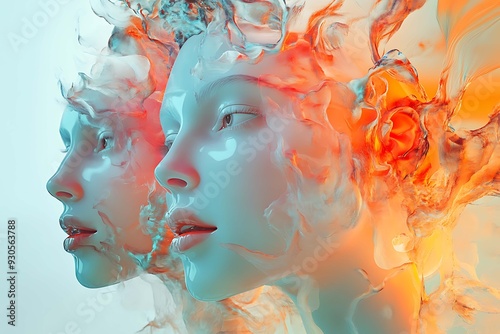 Abstract photo featuring detailed character design of people's faces, enhanced by VRay tracing for realistic lighting and textures, creating a vivid and intricate representation photo