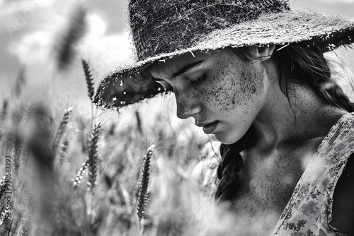 Vintage sepia-toned image of a woman working in a rural field, capturing the essence of traditional farming, hard work, and rustic country life with a nostalgic and antique feel. photo