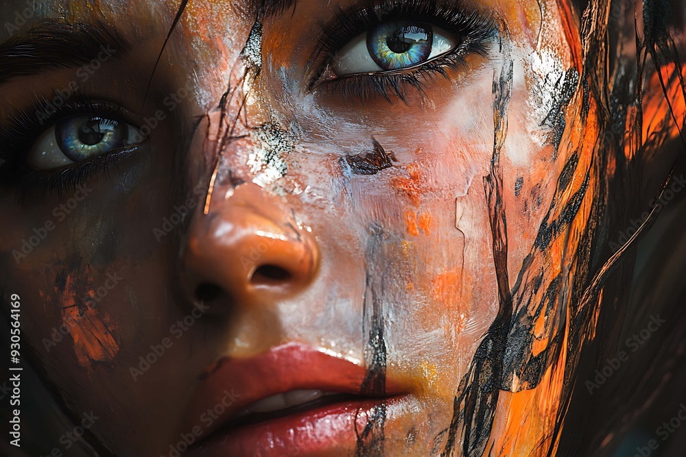 Abstract photo featuring detailed character design of people's faces, enhanced by VRay tracing for realistic lighting and textures, creating a vivid and intricate representation