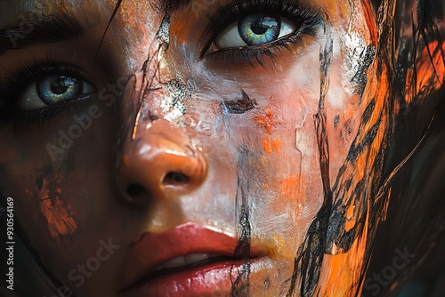 Abstract photo featuring detailed character design of people's faces, enhanced by VRay tracing for realistic lighting and textures, creating a vivid and intricate representation