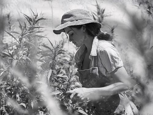 Vintage sepia-toned image of a woman working in a rural field, capturing the essence of traditional farming, hard work, and rustic country life with a nostalgic and antique feel. photo