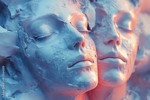 Abstract photo featuring detailed character design of people's faces, enhanced by VRay tracing for realistic lighting and textures, creating a vivid and intricate representation photo