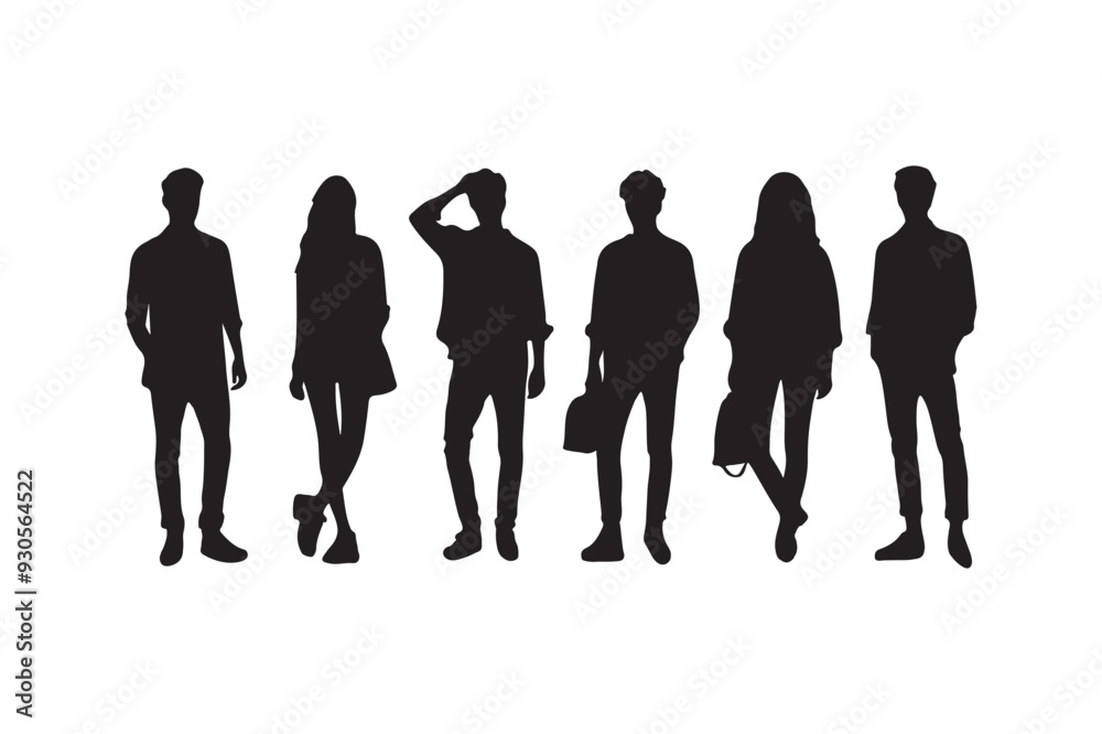 Vector silhouettes of men and a women, a group of standing business people, black color isolated on white background Vector silhouettes of men and a women, a group of standing business people, black color isolated on white background
