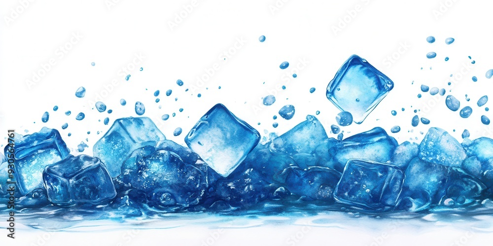 Fresh ice cubes splash in clear water, creating a dynamic, refreshing ...