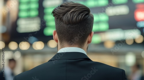 A man with a back view of his head in front of an electronic board, AI