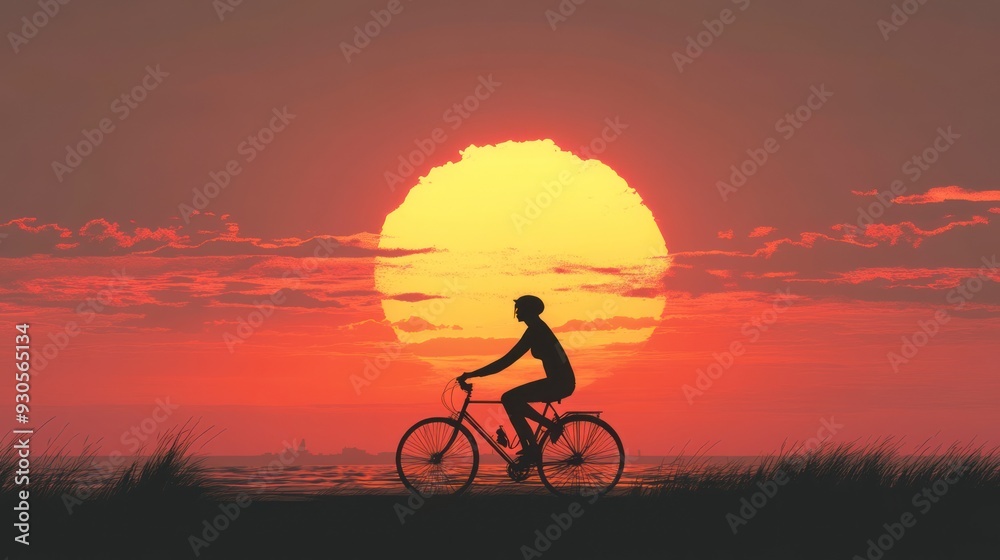 Fototapeta premium Woman riding bicycle during sunset .
