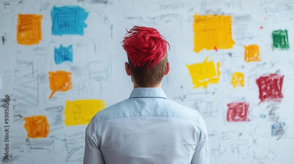 A creative individual with vibrant red hair stands before a colorful wall filled with notes and ideas, inspiring artistic expression. A creative individual with vibrant red hair stands before a colorful wall filled with notes and ideas, inspiring artistic expression.