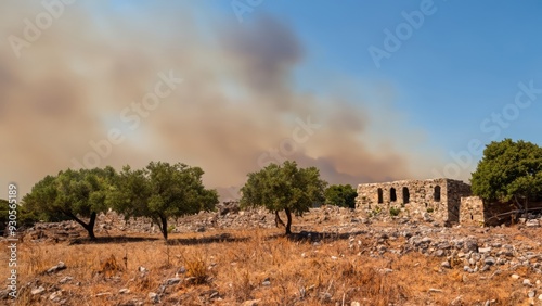 Dry landscape wildfire burning grass
