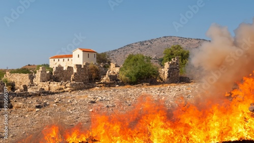 Dry landscape wildfire burning grass