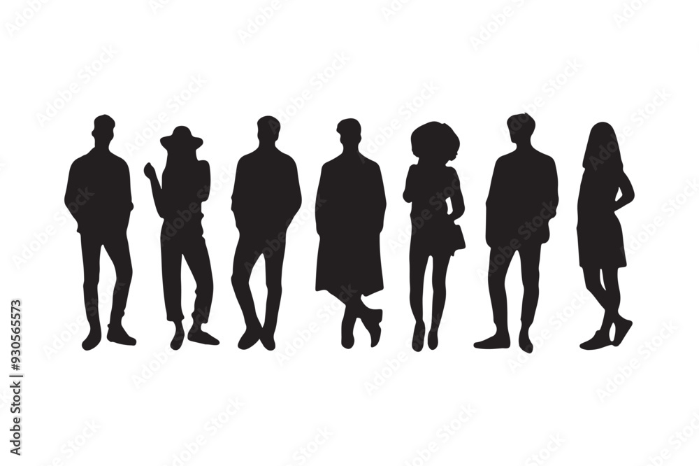 Vector silhouettes of men and a women, a group of standing business people, black color isolated on white background Vector silhouettes of men and a women, a group of standing business people, black color isolated on white background