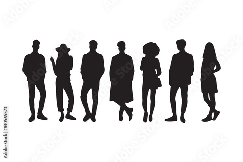 Vector silhouettes of men and a women, a group of standing business people, black color isolated on white background