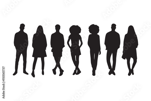 Vector silhouettes of men and a women, a group of standing business people, black color isolated on white background photo