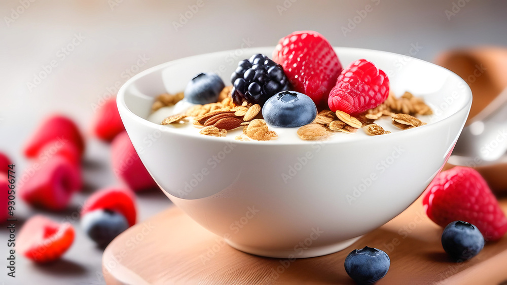 Bowl with granola and fresh berries on a light background. Healthy breakfast concept Bowl with granola and fresh berries on a light background. Healthy breakfast concept