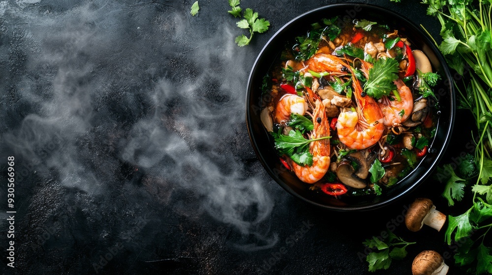 Aerial view of a steaming Tom Yum Goong bowl, filled with prawns, mushrooms, and lemongrass, surrounded by fresh Thai herbs on the side. Aerial view of a steaming Tom Yum Goong bowl, filled with prawns, mushrooms, and lemongrass, surrounded by fresh Thai herbs on the side.