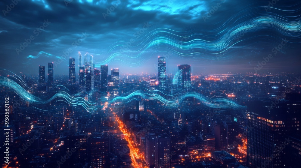 Obraz premium An urban cityscape illuminated by electric waves in the sky at night, blending the beauty of nature with technological energy.