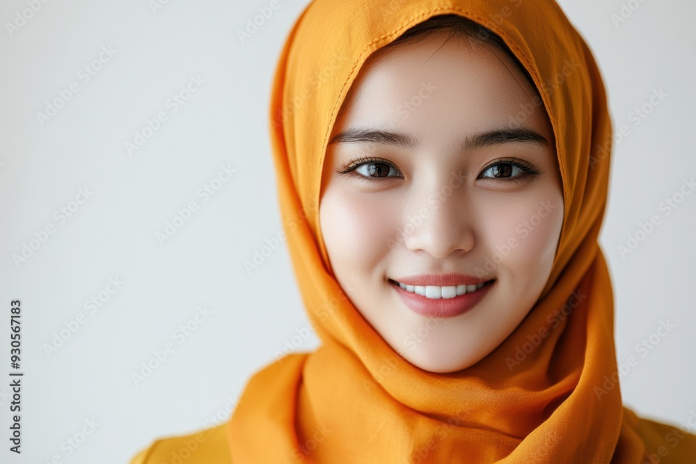 a young Asian woman in a yellow hijab, smiling softly as she poses against a white background, exuding warmth and elegance. a young Asian woman in a yellow hijab, smiling softly as she poses against a white background, exuding warmth and elegance.