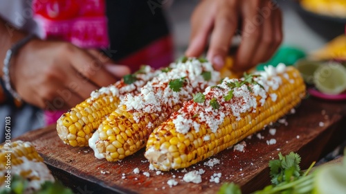 Grilled Mexican street corn topped with cheese and cilantro on a wooden board. Colorful background. Concept of delicious Mexican cuisine photo