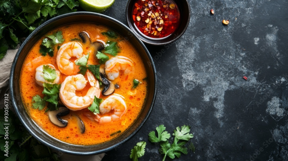 Bird's-eye view of Tom Yum Goong, with shrimp, mushrooms, and herbs floating in a bright orange broth, served with a side of chili dipping sauce. Bird's-eye view of Tom Yum Goong, with shrimp, mushrooms, and herbs floating in a bright orange broth, served with a side of chili dipping sauce.