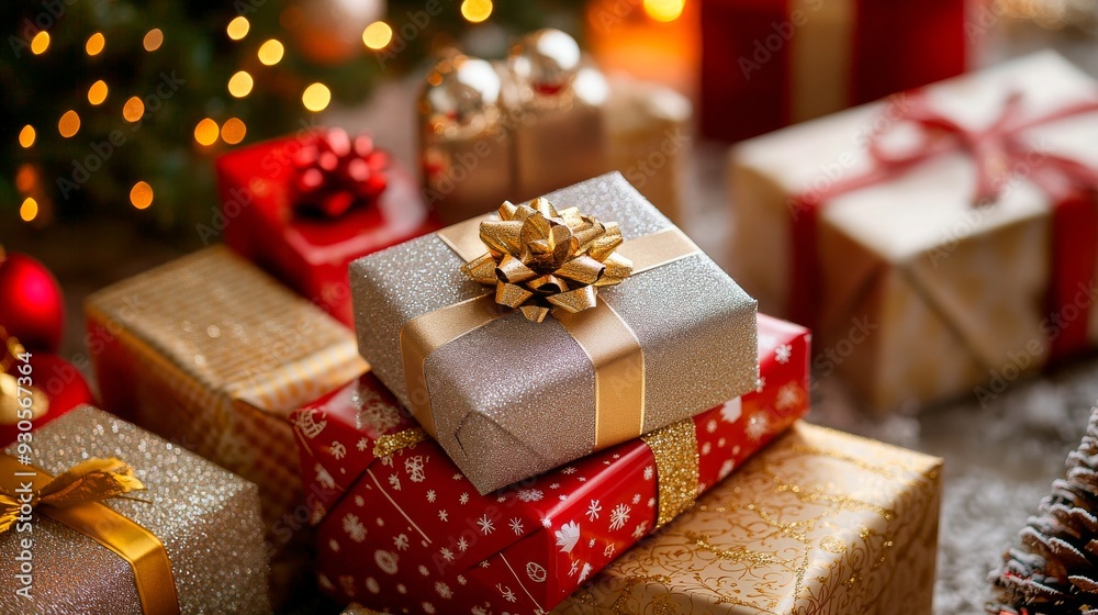 An elegant golden Christmas tree with gold ornaments and presents wrapped in gold and green, perfect for luxurious holiday themes. An elegant golden Christmas tree with gold ornaments and presents wrapped in gold and green, perfect for luxurious holiday themes.