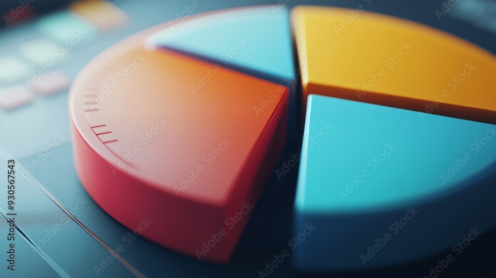 Fototapeta premium Close-up of a 3D pie chart with a portion pulled out to emphasize a specific segment, showcasing detailed data and a modern, professional look.