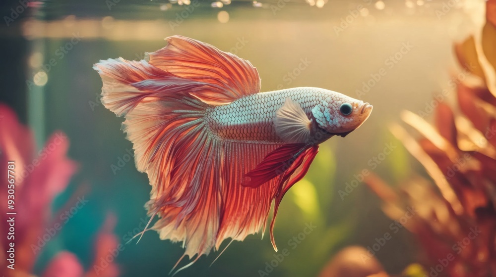 Close-up of a Betta fish with a unique and colorful pattern, swimming gracefully amidst colorful aquarium decorations, emphasizing its elegance and vibrancy.
