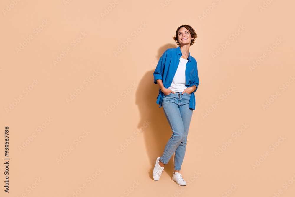 Full body length photo of young candid business lady wearing smart casual outfit look empty space dreamy isolated on beige color background Full body length photo of young candid business lady wearing smart casual outfit look empty space dreamy isolated on beige color background