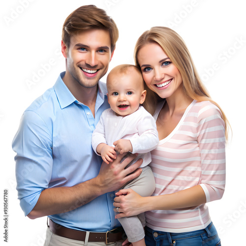 happy european family with one baby standing together and smiling on transparency background PNG AI generated