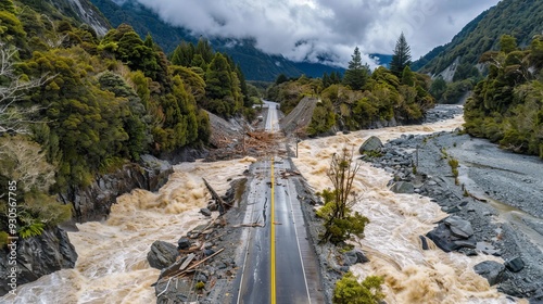 Devastated Highway after Extreme Storm in New Zealand with Rocks and Water