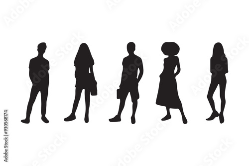 Vector silhouettes of men and a women, a group of standing business people, black color isolated on white background photo