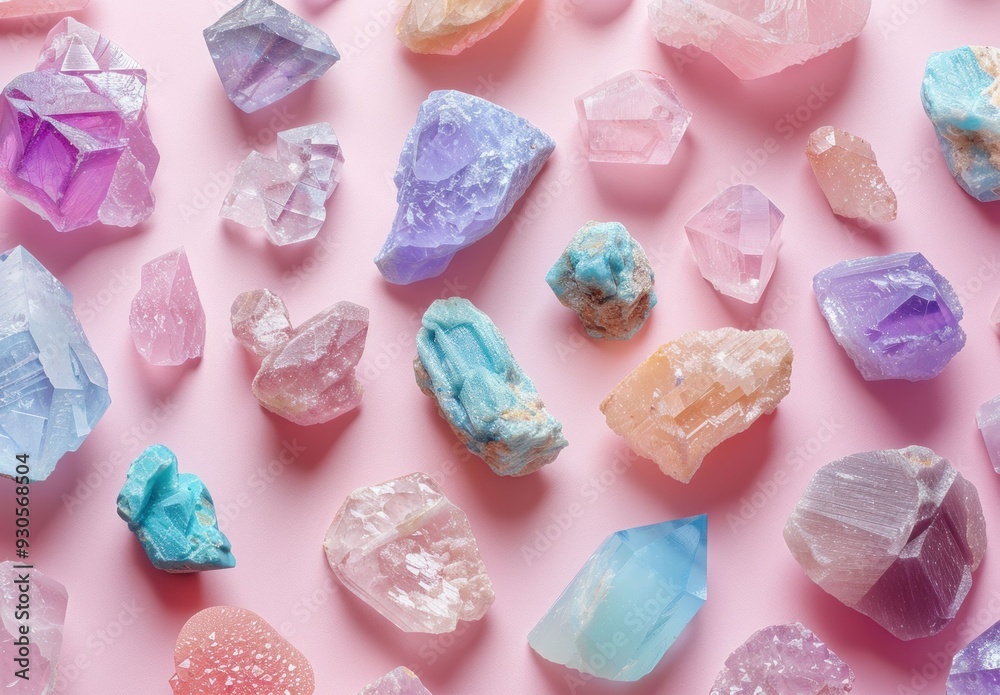 Colorful crystals and gemstones scattered on a light pink background, showcasing various shapes and hues Colorful crystals and gemstones scattered on a light pink background, showcasing various shapes and hues