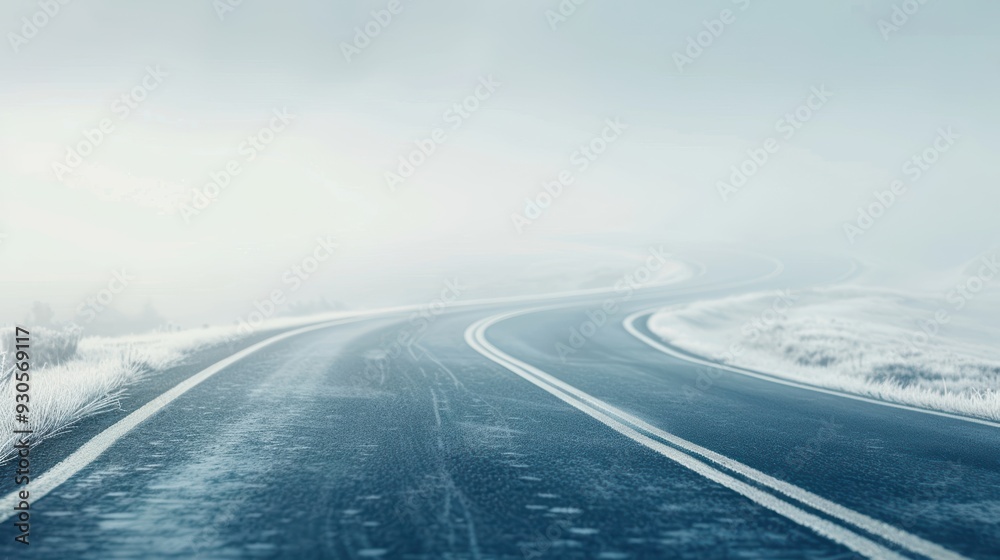 A winding road through a snowy landscape, shrouded in mist, creating a serene and tranquil atmosphere for winter travel. A winding road through a snowy landscape, shrouded in mist, creating a serene and tranquil atmosphere for winter travel.