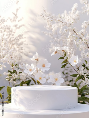 Podium flower product white 3d spring table beauty stand display nature white. Garden floral background cosmetic field scene gift day