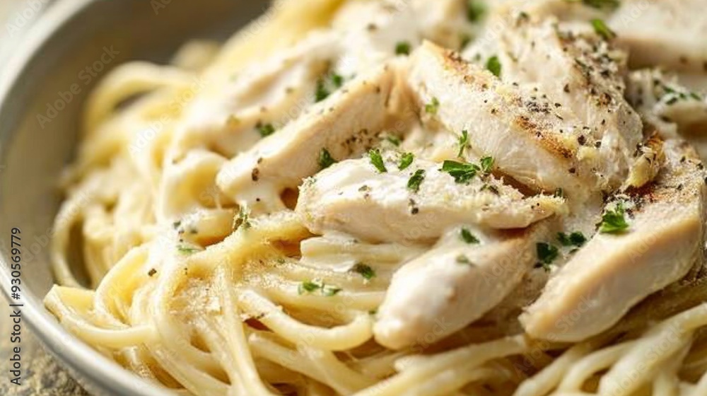 Close-up of a delicious Western-style chicken Alfredo pasta, featuring tender chicken slices, creamy sauce, and a sprinkle of parsley, showcasing the rich flavors.