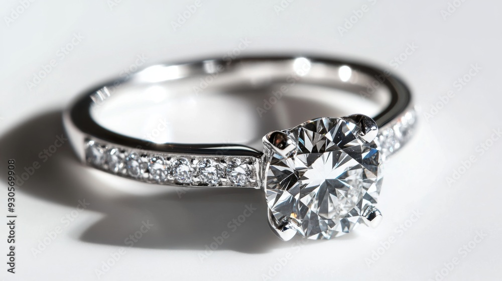 Close-up of a diamond engagement ring on a white background, capturing the fine details of the setting and the sparkling gem. Close-up of a diamond engagement ring on a white background, capturing the fine details of the setting and the sparkling gem.